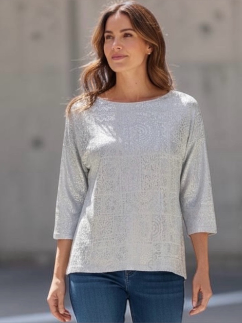 Chico's Tiled Moasic Bailey 3/4  Silver Metallic Glitter Scoop Neck Top -NWY